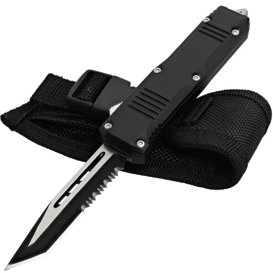 7" Automatic Blackout OTF Out the Front Knife Serrated Tanto Blade