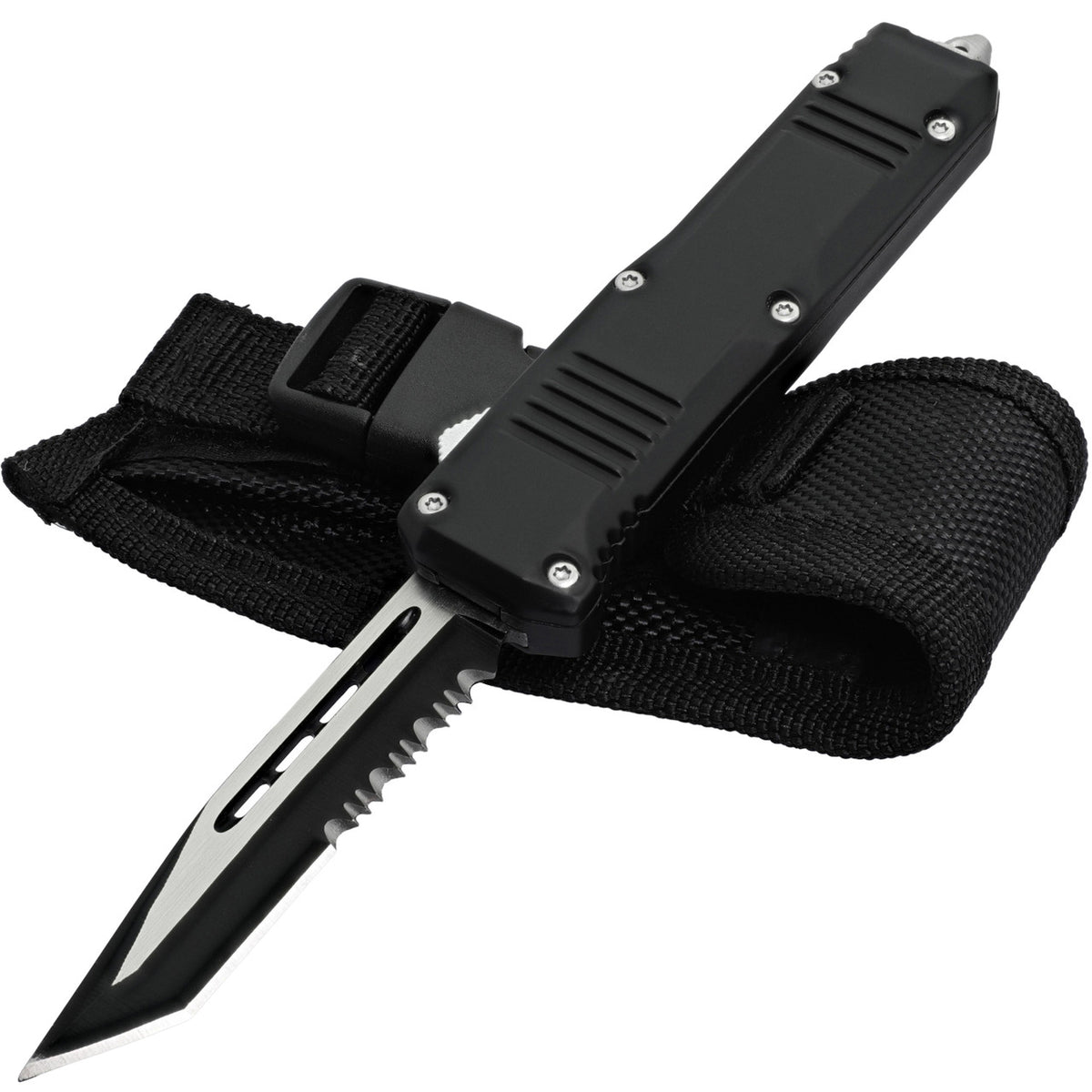 7" Automatic Blackout OTF Out the Front Knife Serrated Tanto Blade - TOPHATTER'S ARMORY DEALS