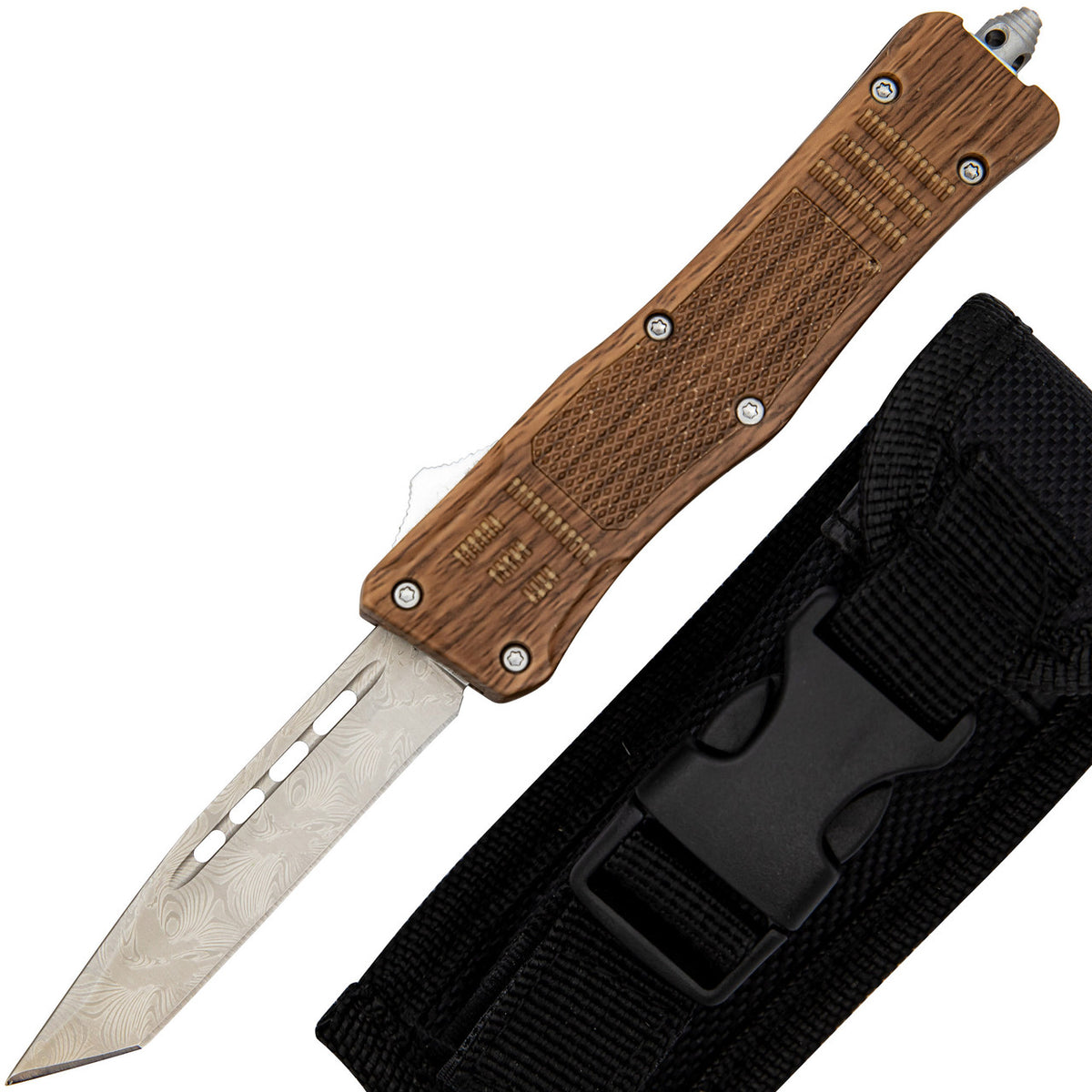 7" Woodland Damascus Textured Tanto Blade Automatic OTF Knife - TOPHATTER'S ARMORY DEALS