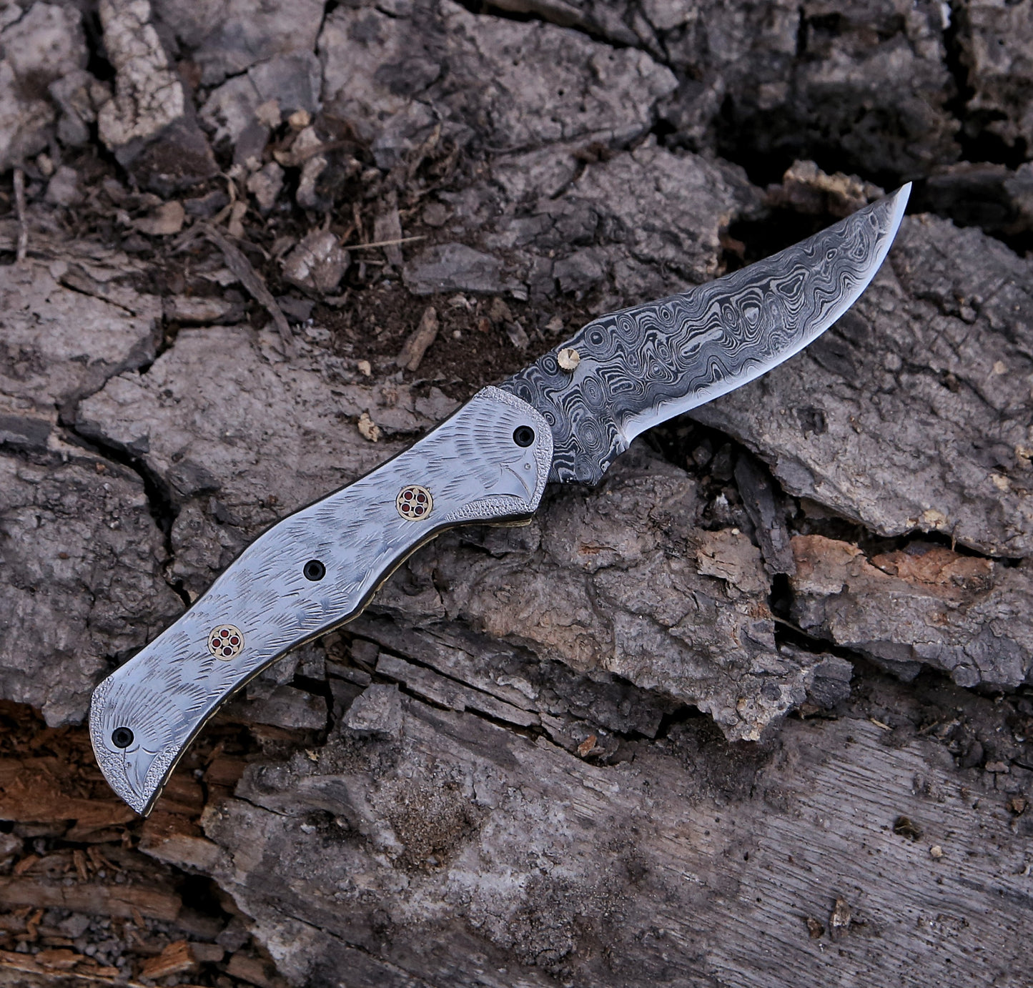 9.16" Damascus Steel Custom Handmade Folding Pocket Knife Engraved Steel Handle