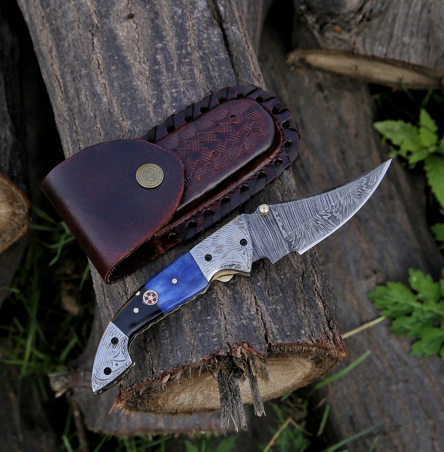 8.22" Damascus Steel Custom Handmade Folding Pocket Knife Horn Handle