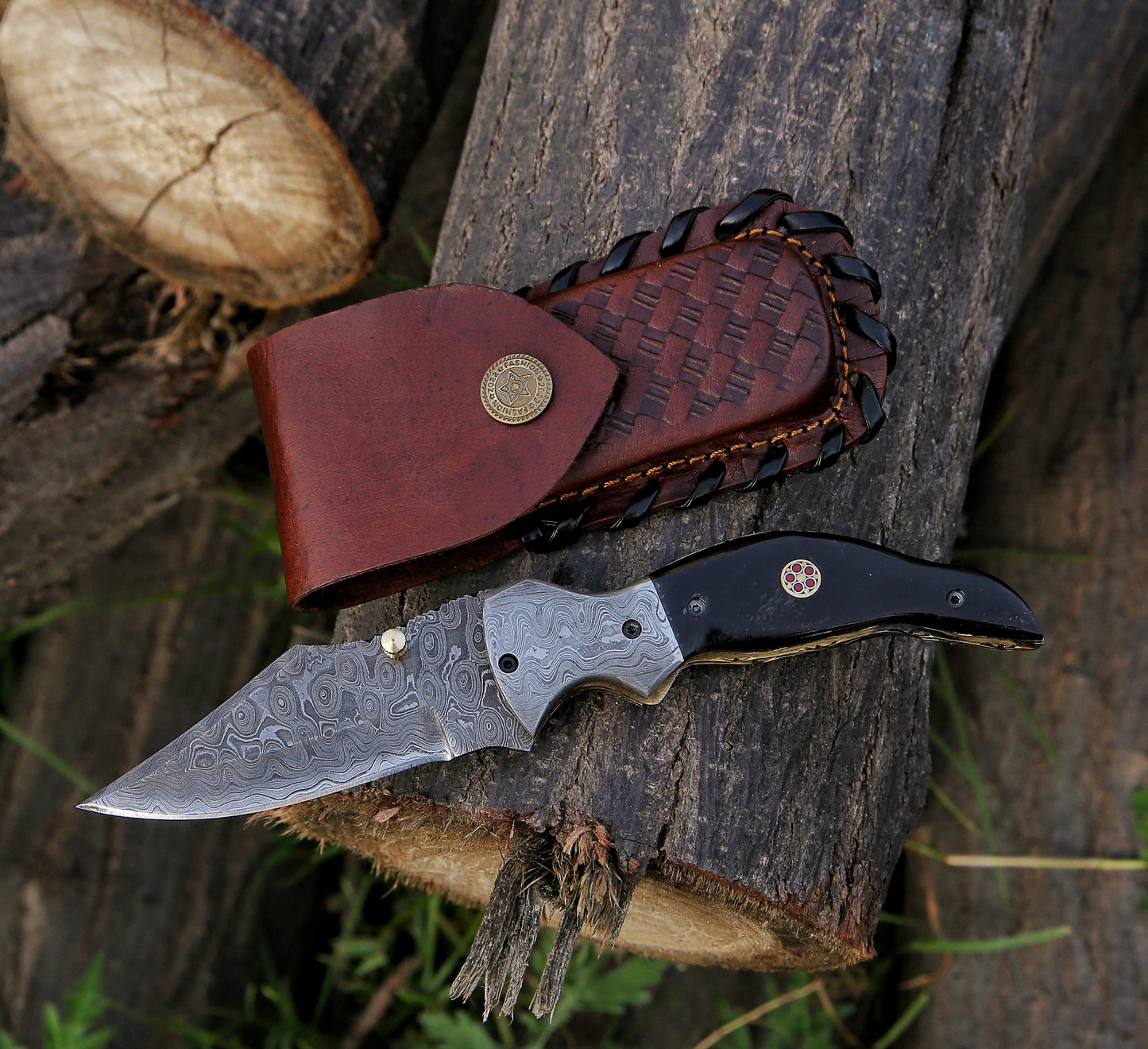 8" Damascus Steel Custom Handmade Folding Pocket Knife Black Horn Handle