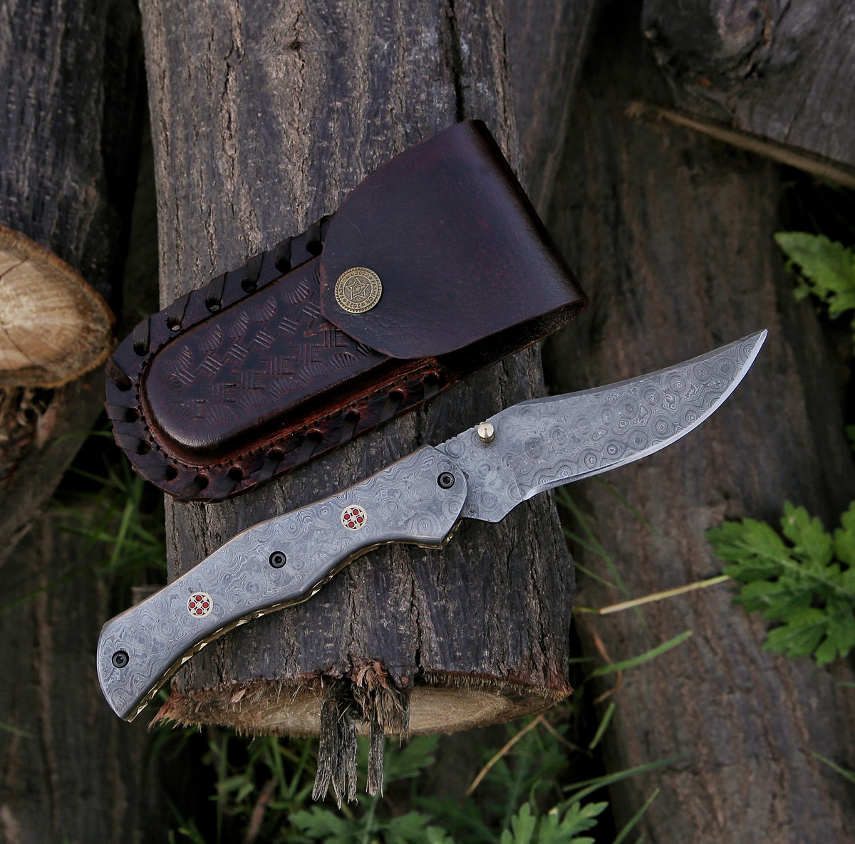 9.14" Damascus Steel Custom Handmade Folding Pocket Knife Engraved Handle - TOPHATTER'S ARMORY DEALS