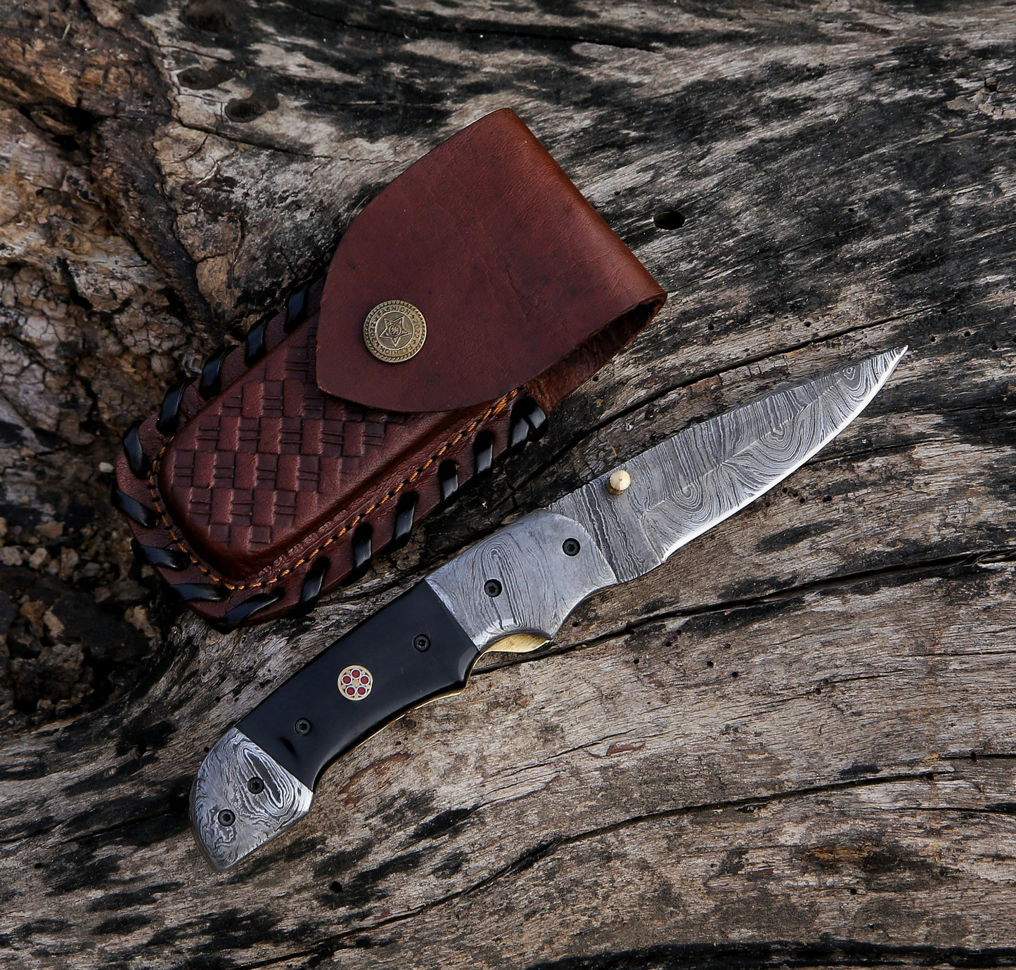 8.43" Damascus Steel Custom Handmade Folding Pocket Knife Horn Handle