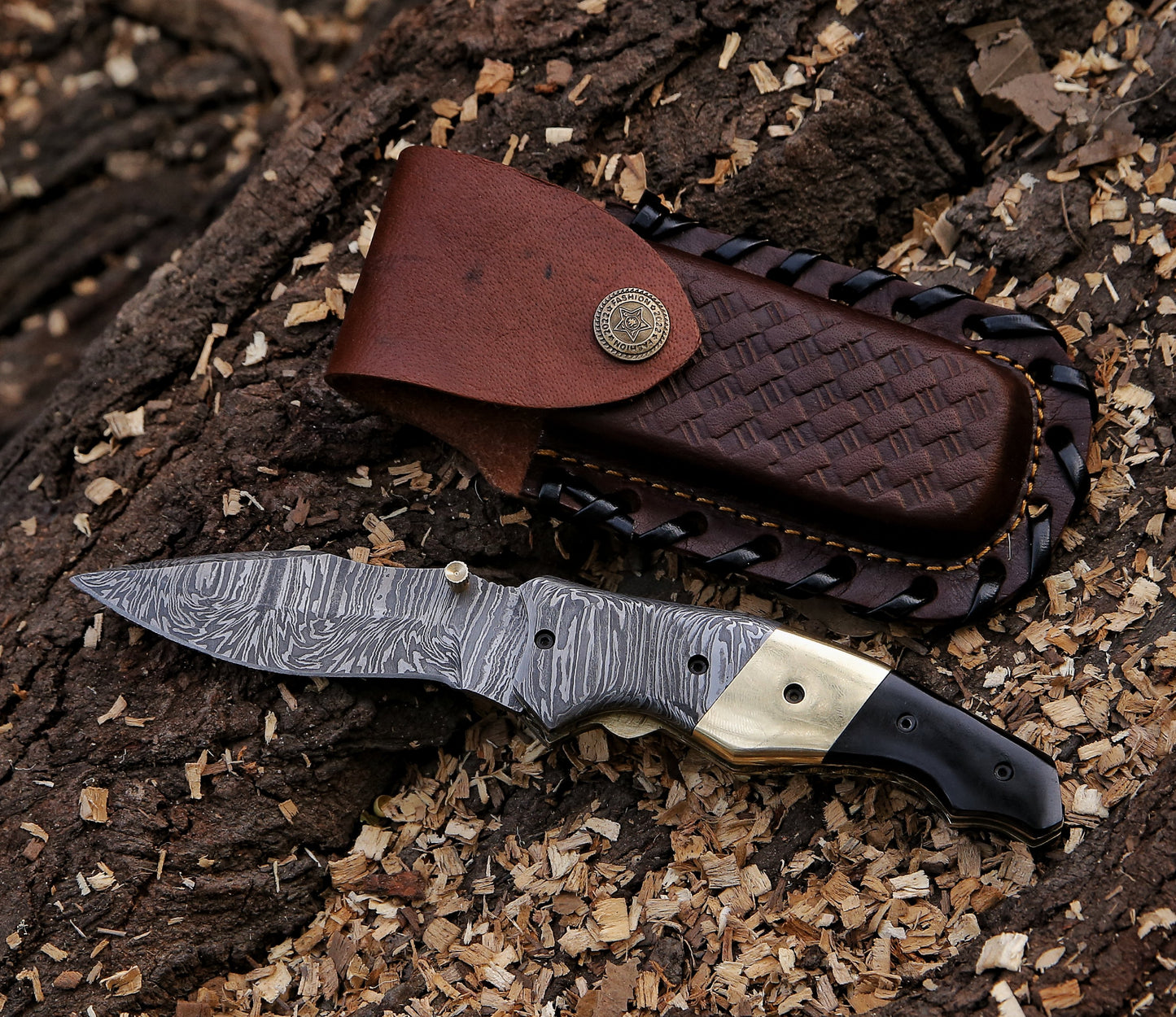 8.87" Damascus Steel Custom Handmade Folding Pocket Knife Black Horn Handle