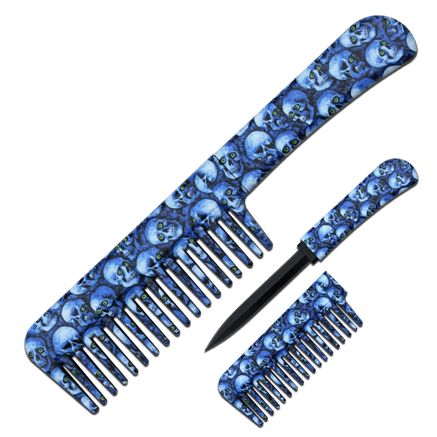 Self Defense Brush Comb With Hidden Knife - Toxic Skulls Blue