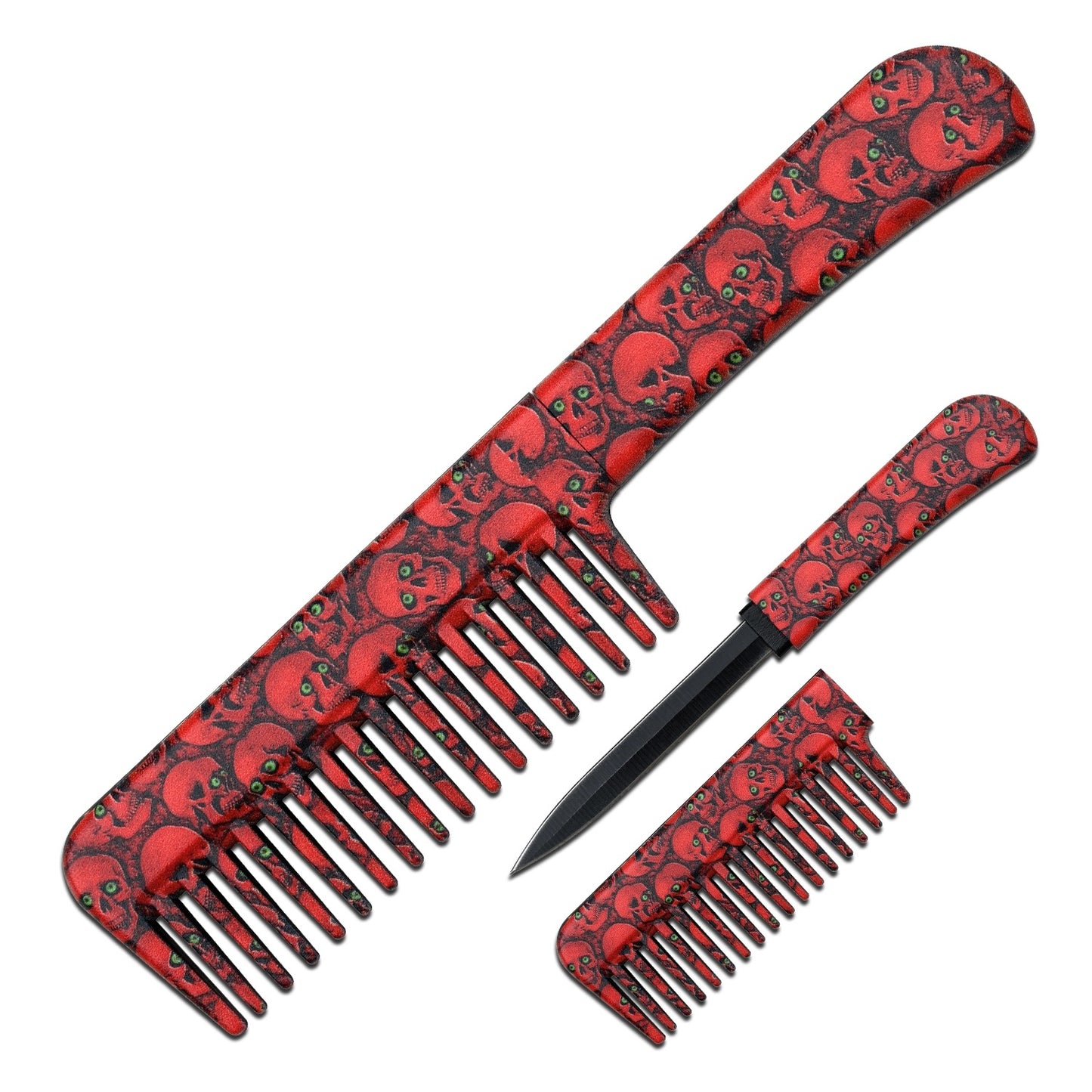 Self Defense Brush Comb With Hidden Knife - Toxic Skulls Red