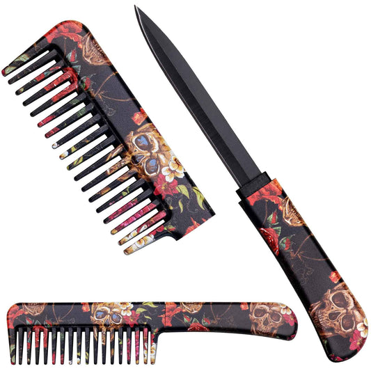 Self Defense Brush Comb With Hidden Knife - Skull and Roses