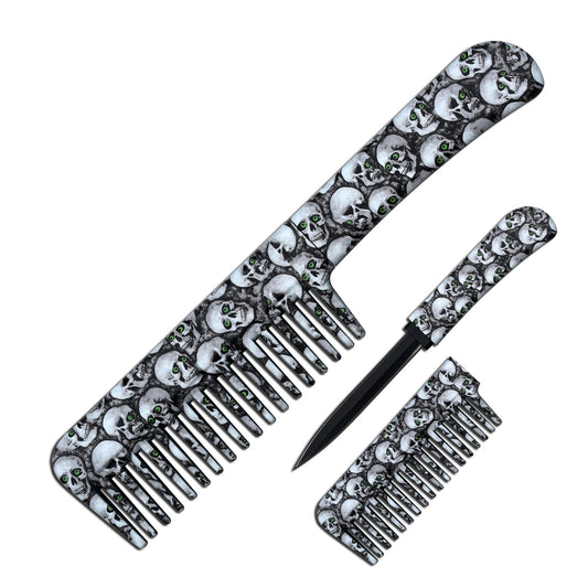 Self Defense Brush Comb With Hidden Knife - Toxic Skulls White