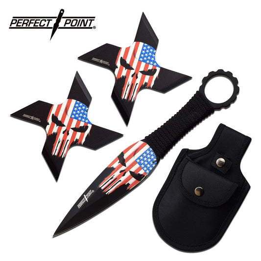 Punisher Throwing Knives and Ninja Star Shuriken USA Flag Set