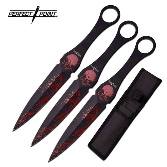 Perfect Point Large Red Skull Splatter Throwing Knives - Set of 3