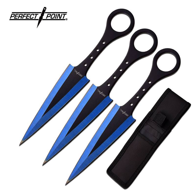Perfect Point 7.5 Inch 3 Piece Throwing Knife Set Blue Electro Plated and Black Blade