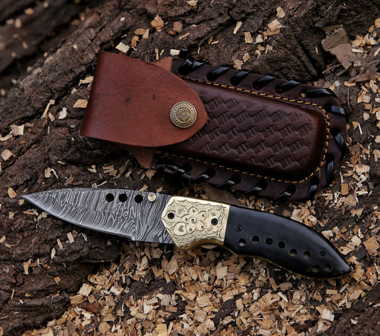 7.7" Damascus Steel Custom Handmade Folding Pocket Knife Horn Handle