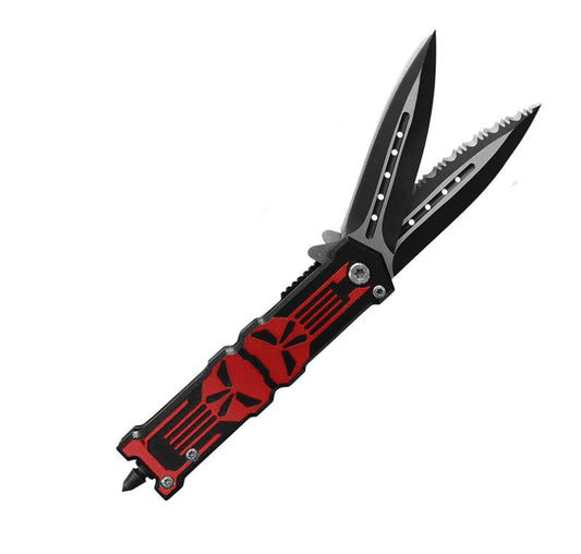 Twin Bladed Punisher Spring Assisted Knife With Glass Breaker Red