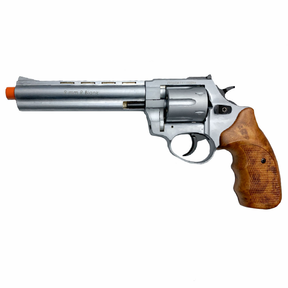 Zoraki R1 Silver 6" Barrel - Front Firing Blank Gun Revolver Wood Grips