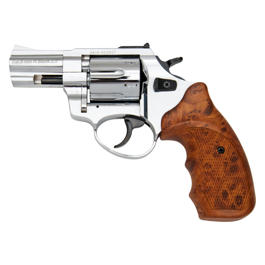 Stalker R1 2.5" Barrel Revolver Chrome Finish Simulated Wood Grips - 9mm Blank Gun