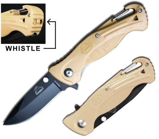 Tan Handle Rescue Spring Assist Folding Knife With Whistle and Belt Hook