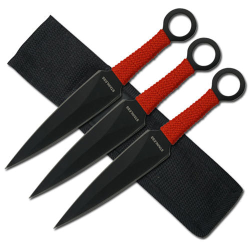 3 PC Kunai Throwing Knives Set - Red Cord Wrapped Handle