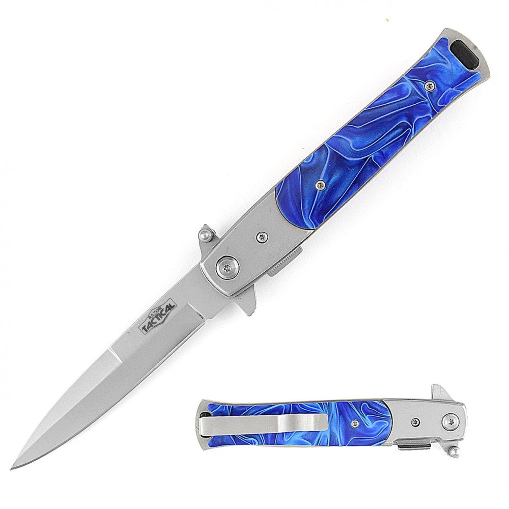 9" Italian Stiletto Tactical Spring Assisted Open Pocket Knife Blue Pearl - TOPHATTER'S ARMORY DEALS