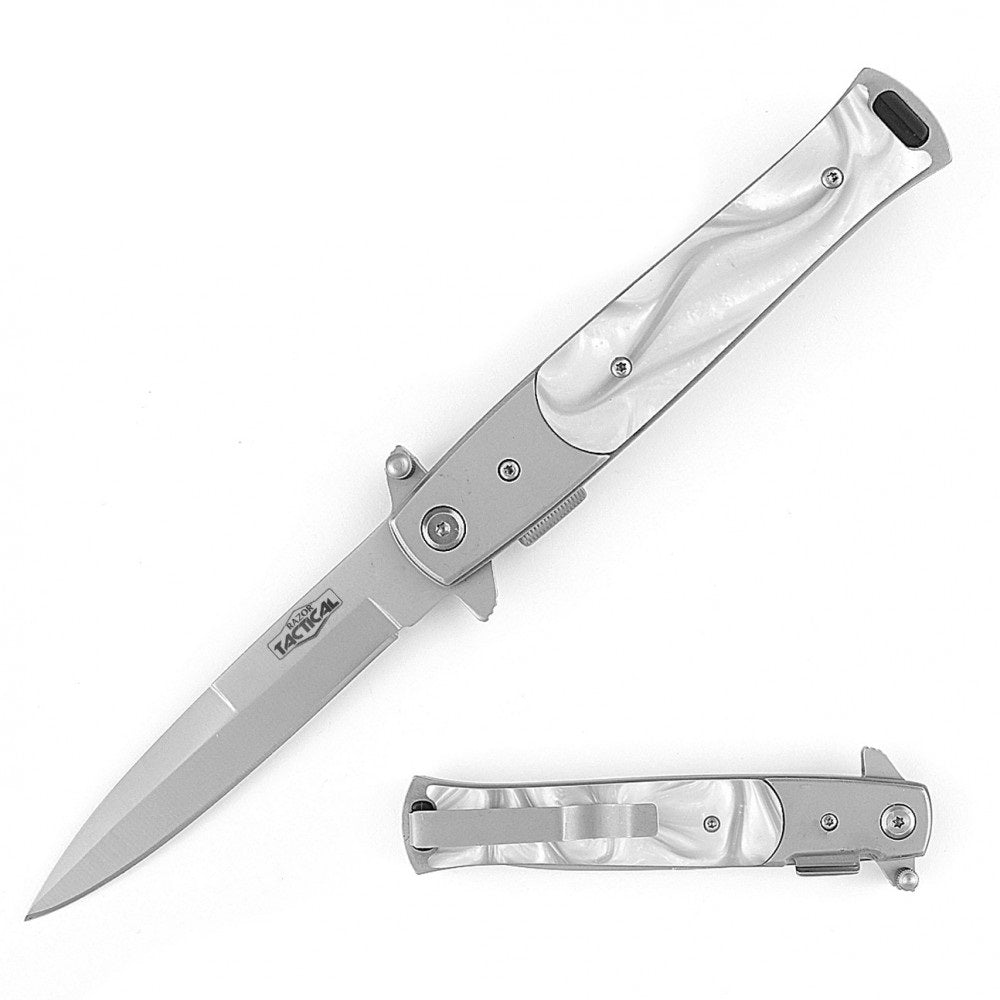 9" Italian Stiletto Tactical Spring Assisted Open Pocket Knife White Pearl - TOPHATTER'S ARMORY DEALS