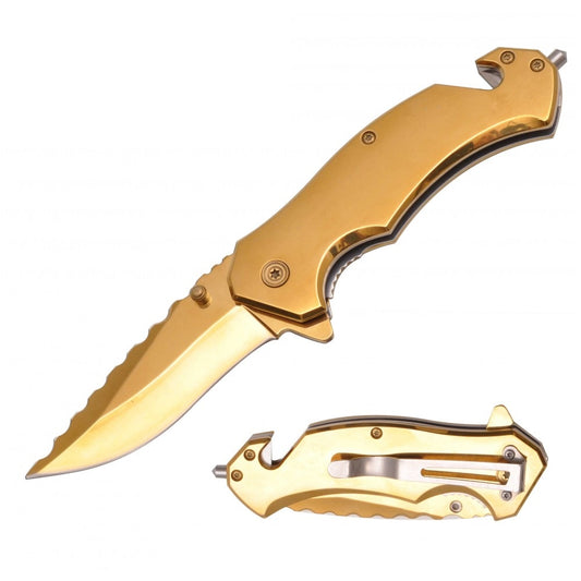 8" Gold Titanium Spring Assisted Rescue Tactical Folding Knife