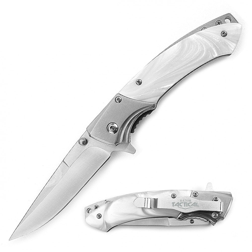 4.5 Inch Closed Slimline Spring Assist Knife White Pearl Handle