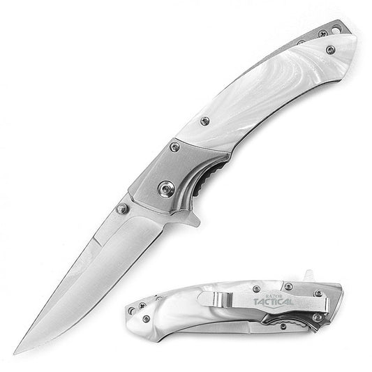 4.5 Inch Closed Slimline Spring Assist Knife White Pearl Handle