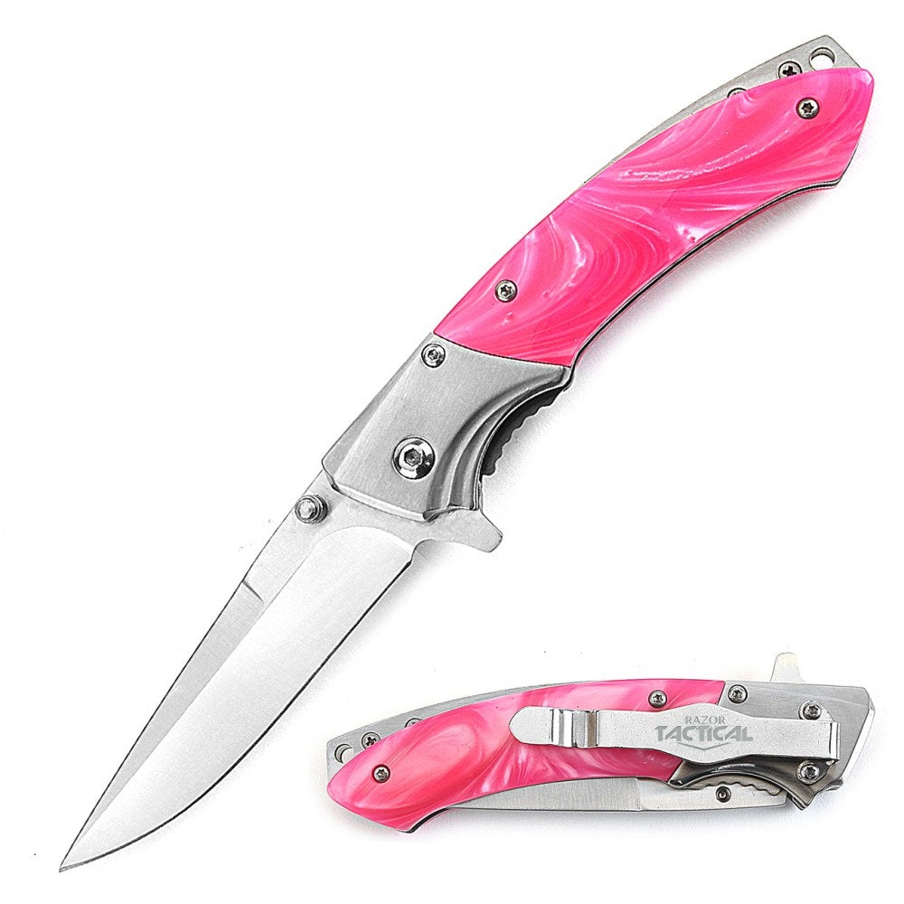 4.5 Inch Closed Slimline Spring Assist Knife Pink Pearl Handle