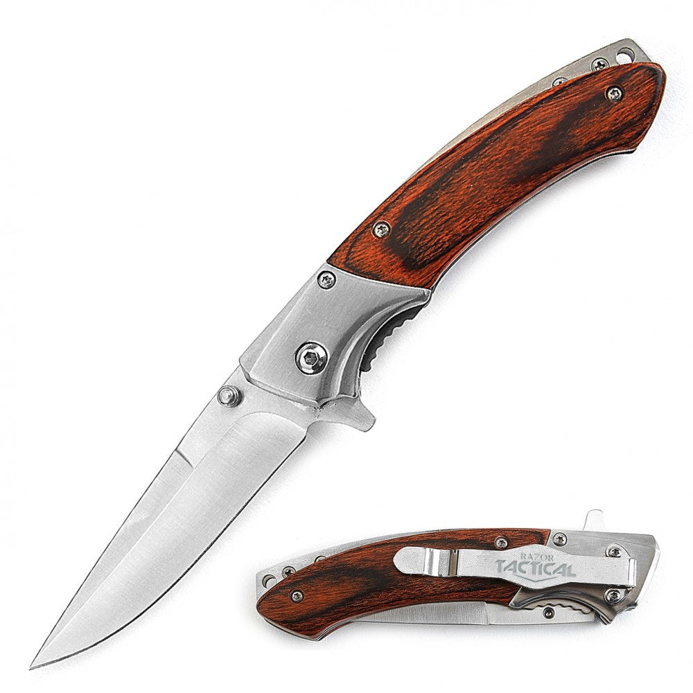 4.5 Inch Closed Slimline Spring Assist Knife Wood Handle - TOPHATTER'S ARMORY DEALS