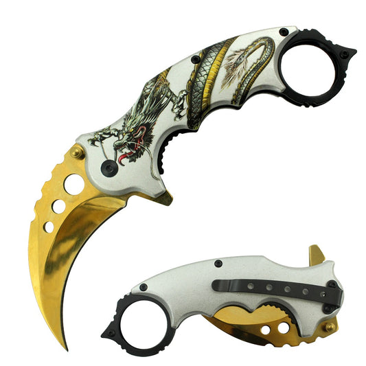 Golden Blade Dragon Karambit Tactical Spring Assist Knife With Finger Ring