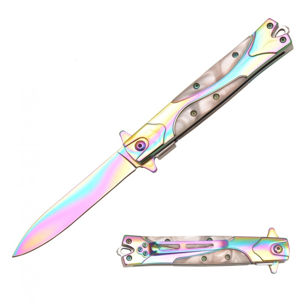 Rainbow Stiletto Style Spring Assisted Knife - White PearlHandle - TOPHATTER'S ARMORY DEALS