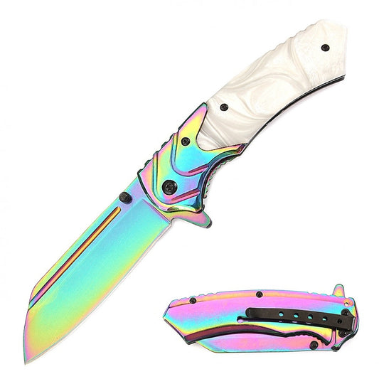 8" Classic White Pearl Handle Assisted Open Pocket Knife Cleaver Blade