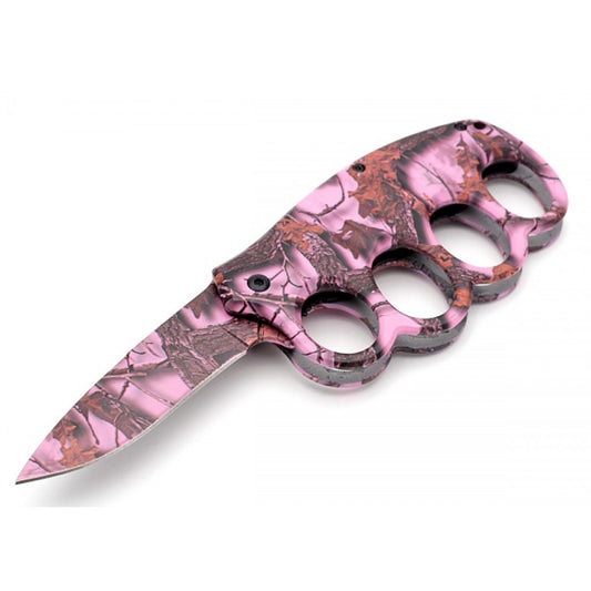 Pink Camo Knuckle Guard Defense Blade Spring Assist Folding Knife