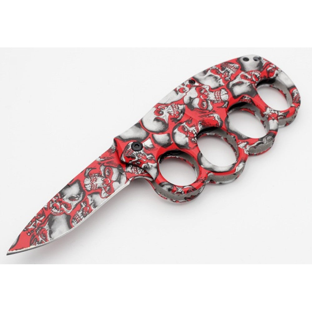 Red Skulls Knuckle Guard Defense Blade Spring Assist Folding Knife - TOPHATTER'S ARMORY DEALS