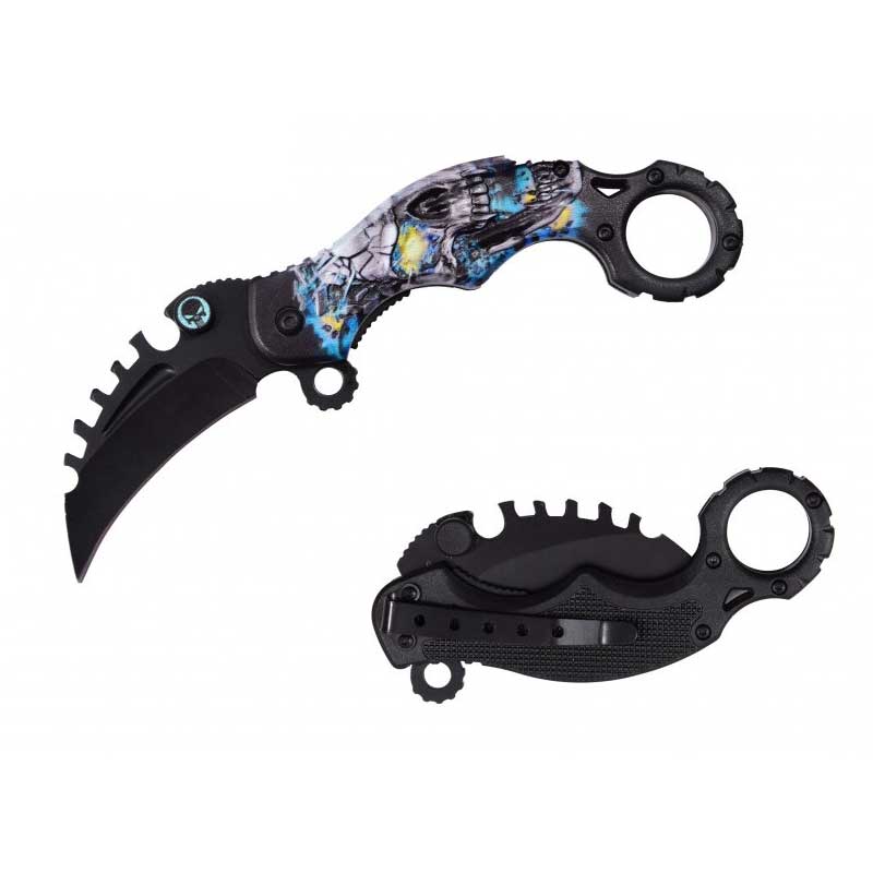 Blue Skull Karambit Reverse Sawblade Spring Assist Folding Pocket Knife - TOPHATTER'S ARMORY DEALS