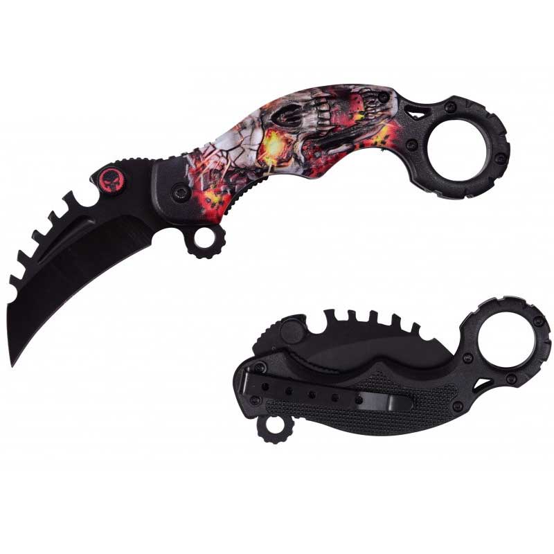 Red Skull Karambit Reverse Sawblade Spring Assist Folding Pocket Knife - TOPHATTER'S ARMORY DEALS