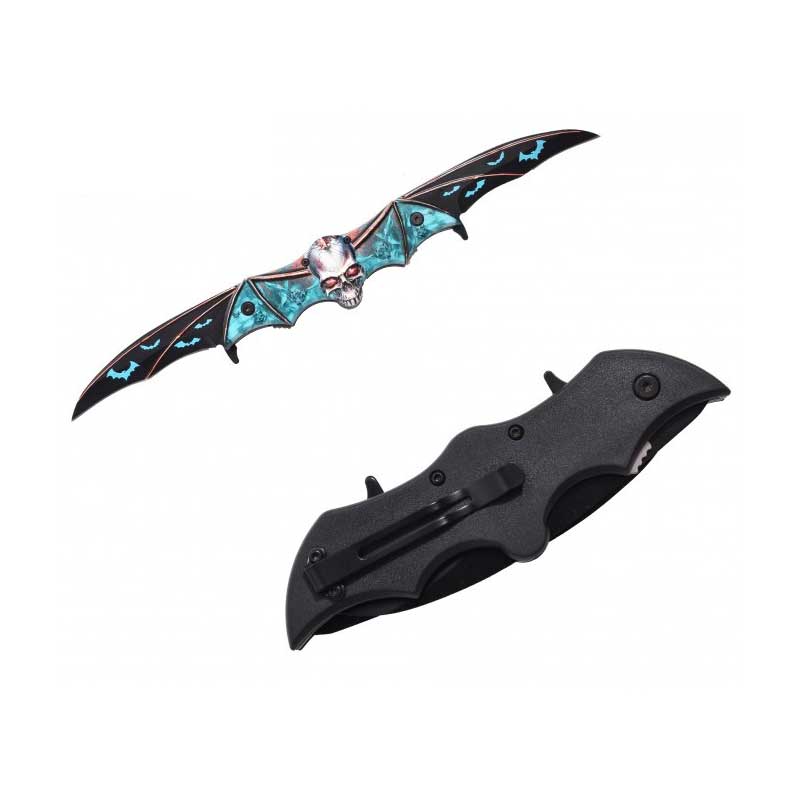 Blue Zombie Skull Tactical Dual Blade Fantasy Bat Spring Assist Knife - TOPHATTER'S ARMORY DEALS