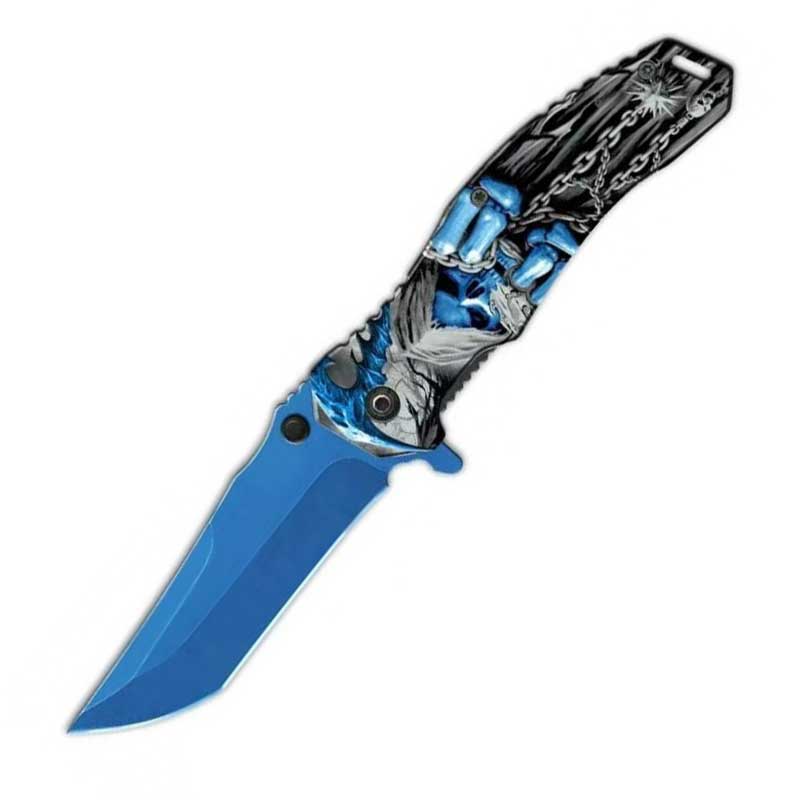 Grim Reaper Chain Spring Assisted Folding Pocket Knife - Blue