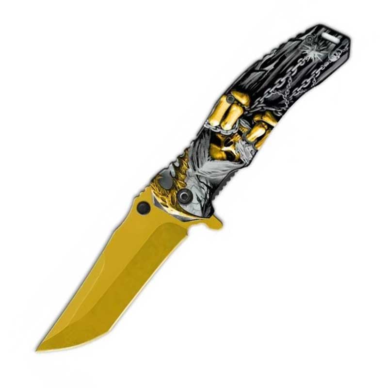 Grim Reaper Chain Spring Assisted Folding Pocket Knife - Gold