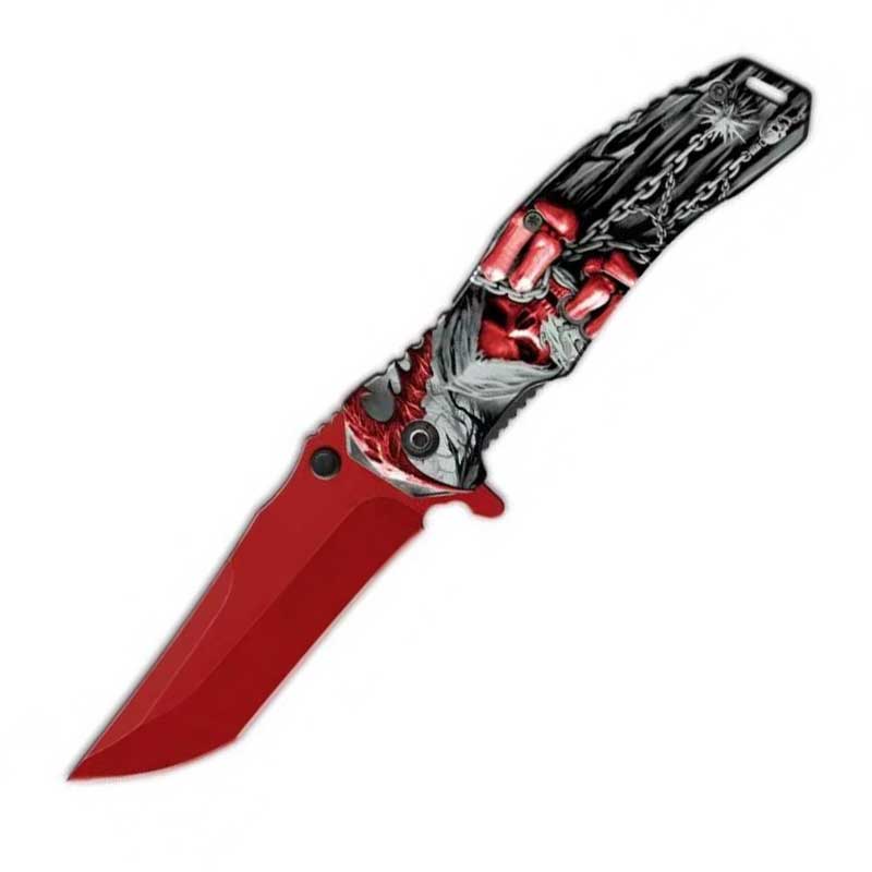Grim Reaper Chain Spring Assisted Folding Pocket Knife - Red