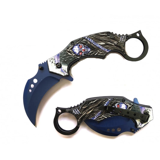 Demon Of Death Grim Reaper Karambit Pocket Knife Flaming Scythe Blue