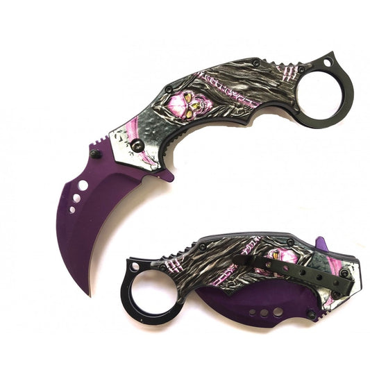 Demon Of Death Grim Reaper Karambit Pocket Knife Flaming Scythe Purple