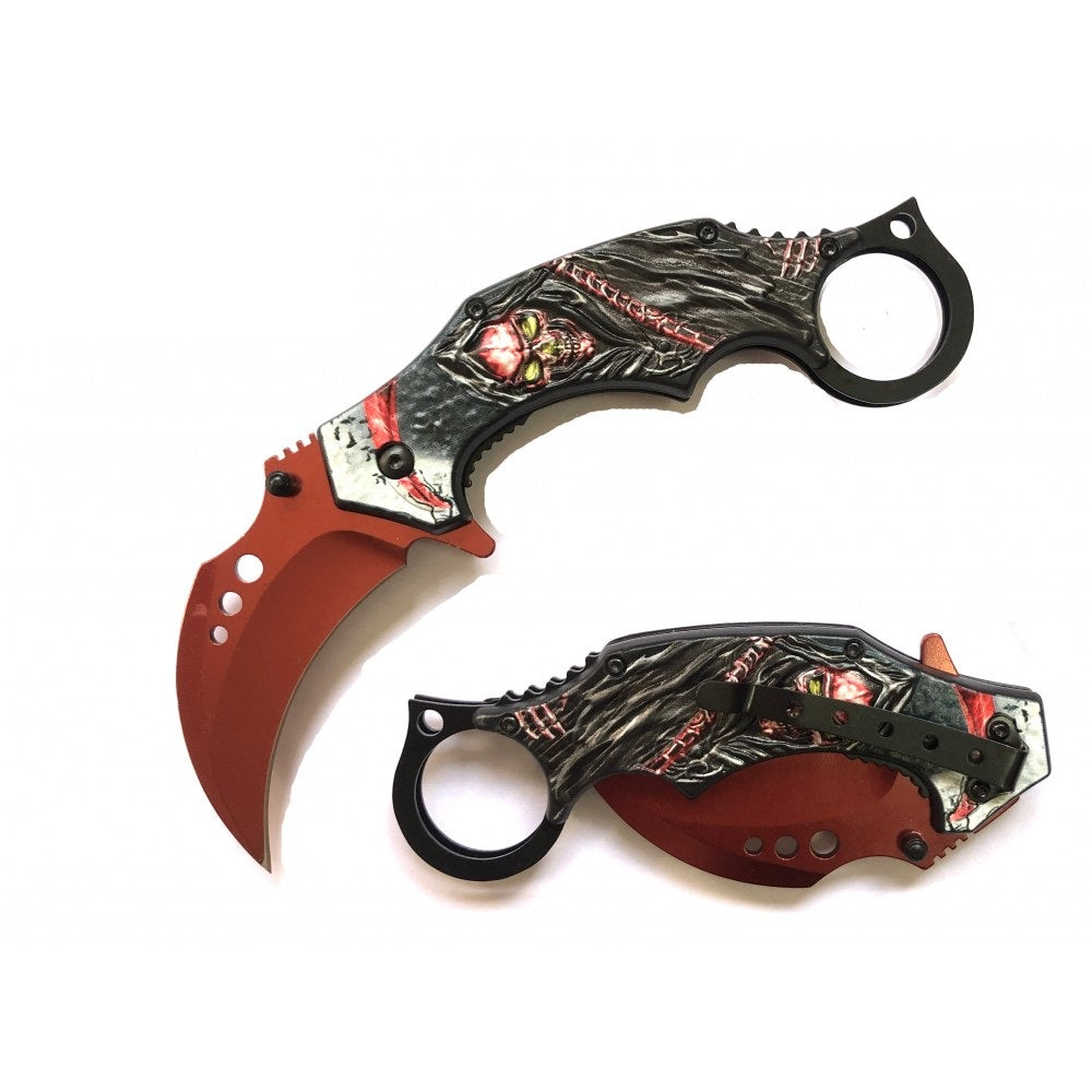 Demon Of Death Grim Reaper Karambit Pocket Knife Flaming Scythe Red