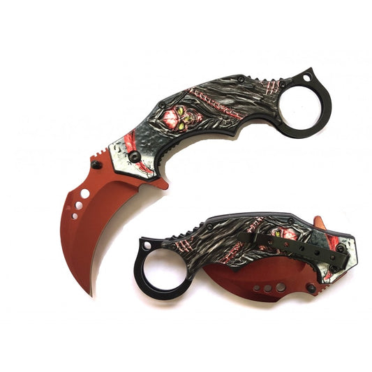 Demon Of Death Grim Reaper Karambit Pocket Knife Flaming Scythe Red
