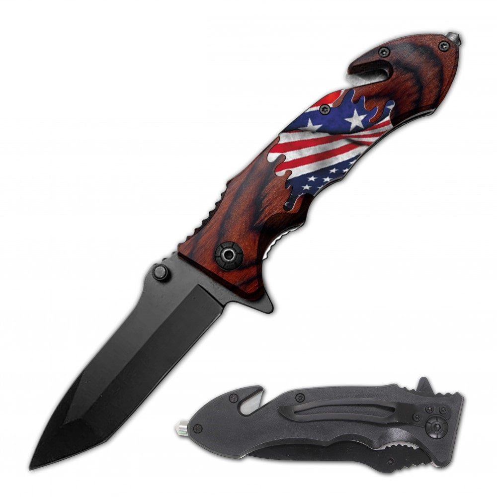 USA Flag Rescue Folding Spring Assist Open EDC Pocket Knife