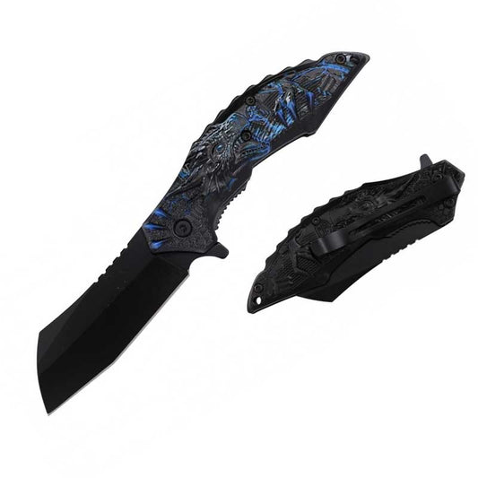 8" Blue Dragon Handle Assisted Open Pocket Knife Cleaver Blade
