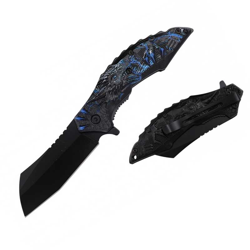 8" Blue Dragon Handle Assisted Open Pocket Knife Cleaver Blade - TOPHATTER'S ARMORY DEALS