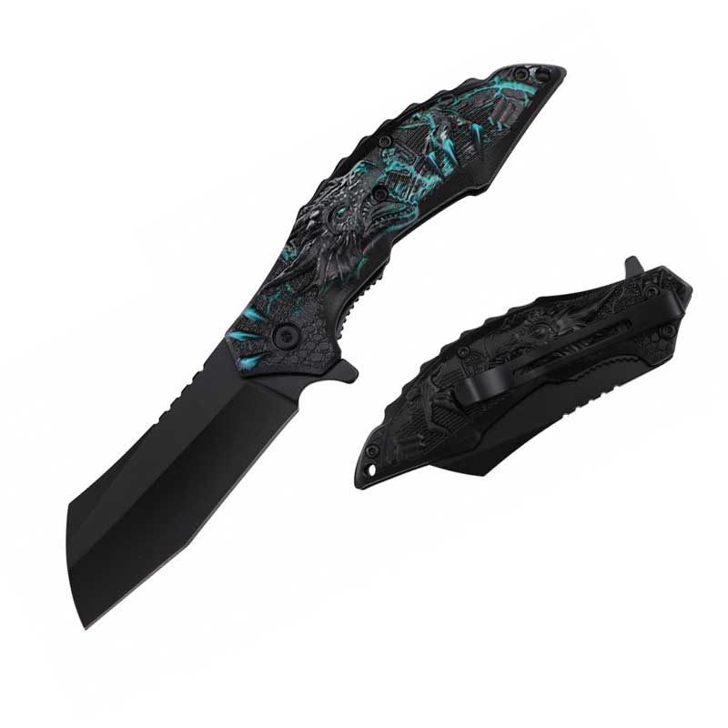8" Green Dragon Handle Assisted Open Pocket Knife Cleaver Blade - TOPHATTER'S ARMORY DEALS