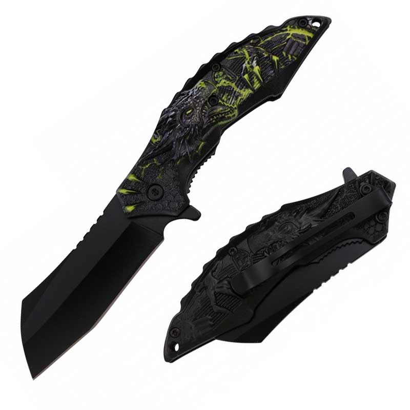 8" Yellow Dragon Handle Assisted Open Pocket Knife Cleaver Blade - TOPHATTER'S ARMORY DEALS