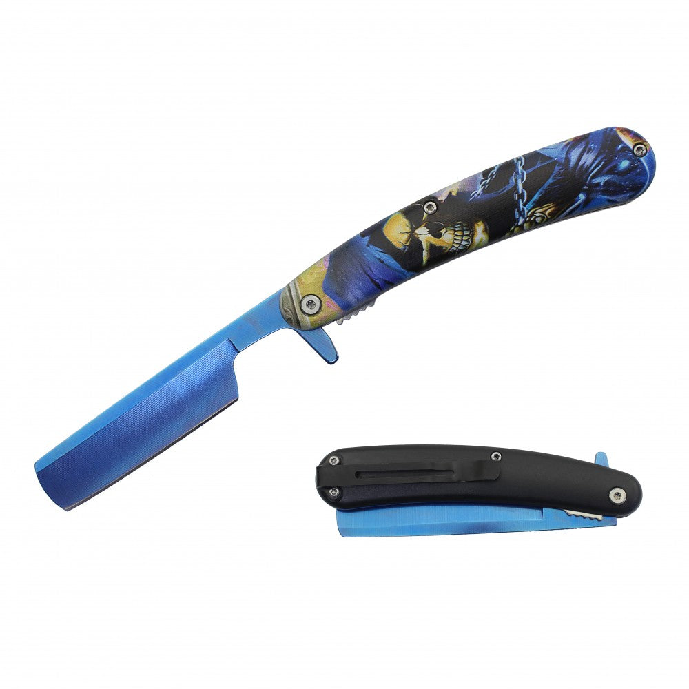 Spring Assist Folding Knife Straight Razor 4" Blade Skull Grim Reaper - TOPHATTER'S ARMORY DEALS